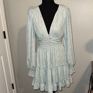 Altar'd State Mint Green Floral Long-Sleeve Tiered Mini Dress XS